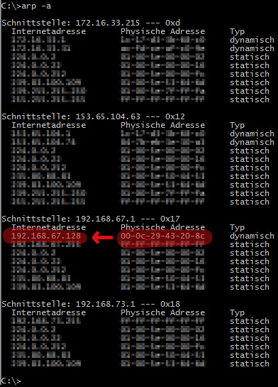 Ausgabe von "arp -a", in der die IP Adresse einer bestimmten MAC Adresse ersichtlich ist.